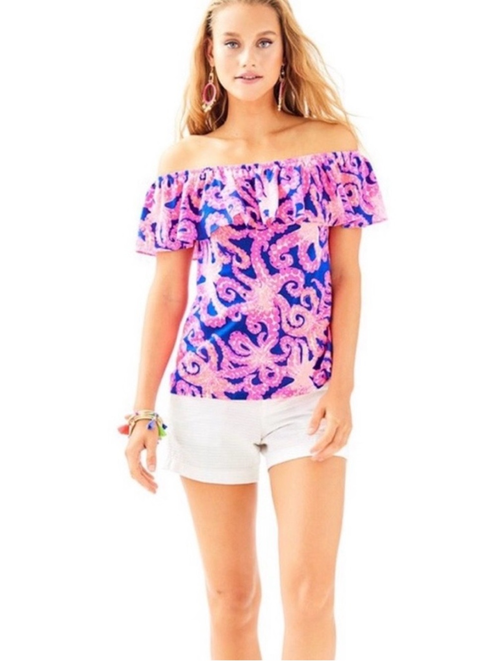Lilly Pulitzer La Fortuna Octopus print Off-Shoulder Ruffle Top, Size Large